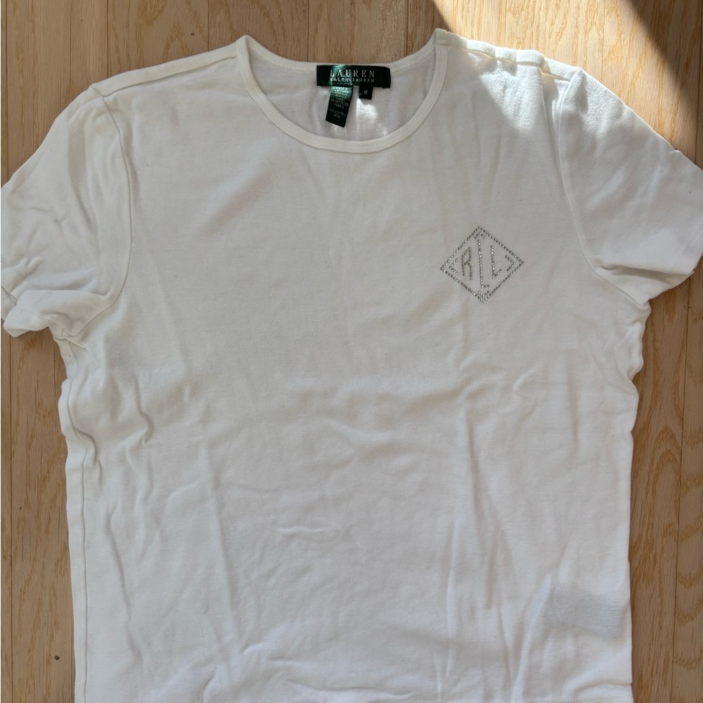 Ralph Lauren White Tee with Rhinestone RL Monogram